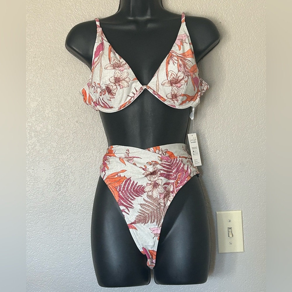 CUPSHE CORAL FLOWER BIKINI High Rise V-Waist Padded Underwire Set NWT Size L